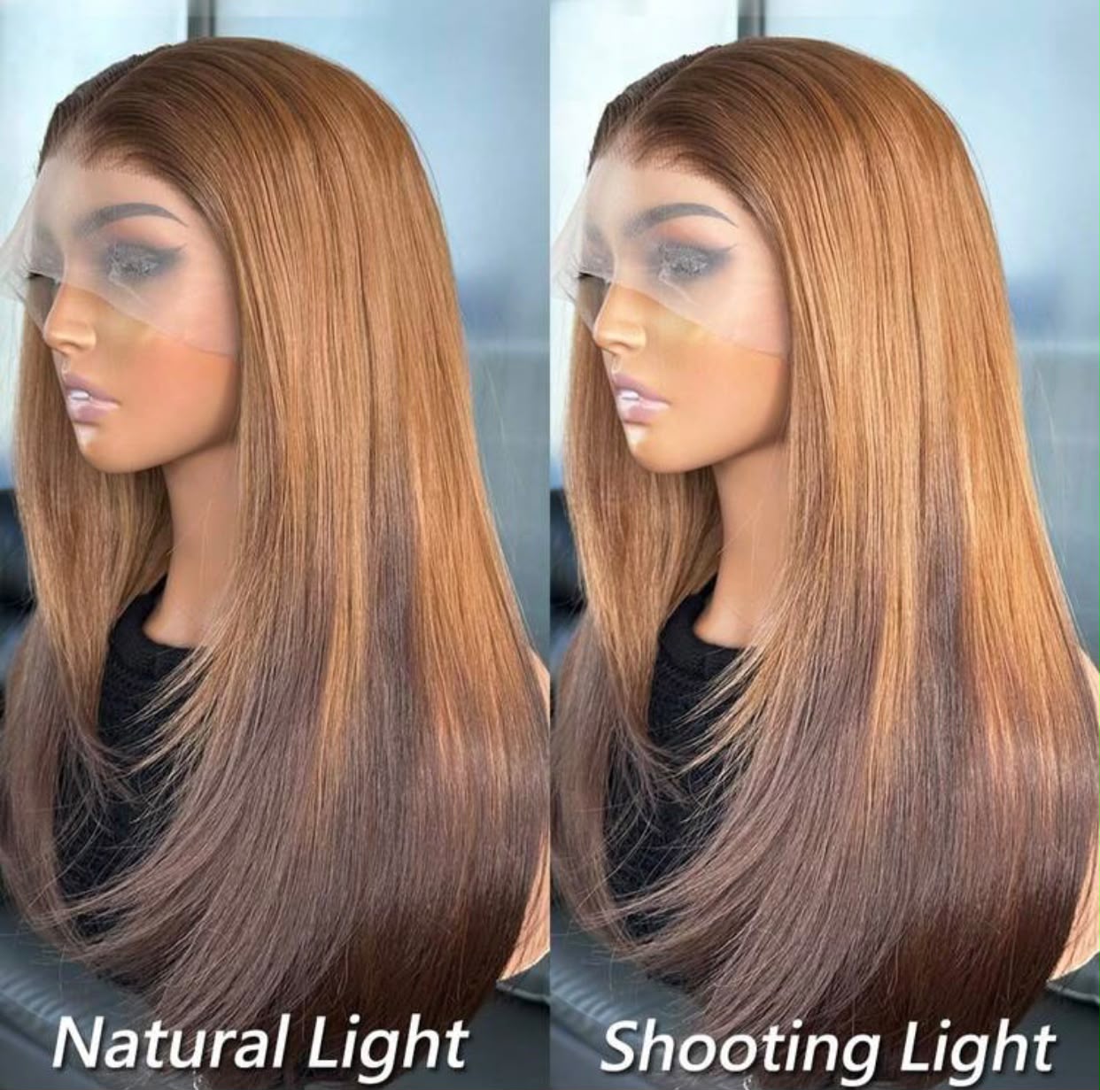 Golden brown ombré layered lace front wig shown in two lighting conditions
